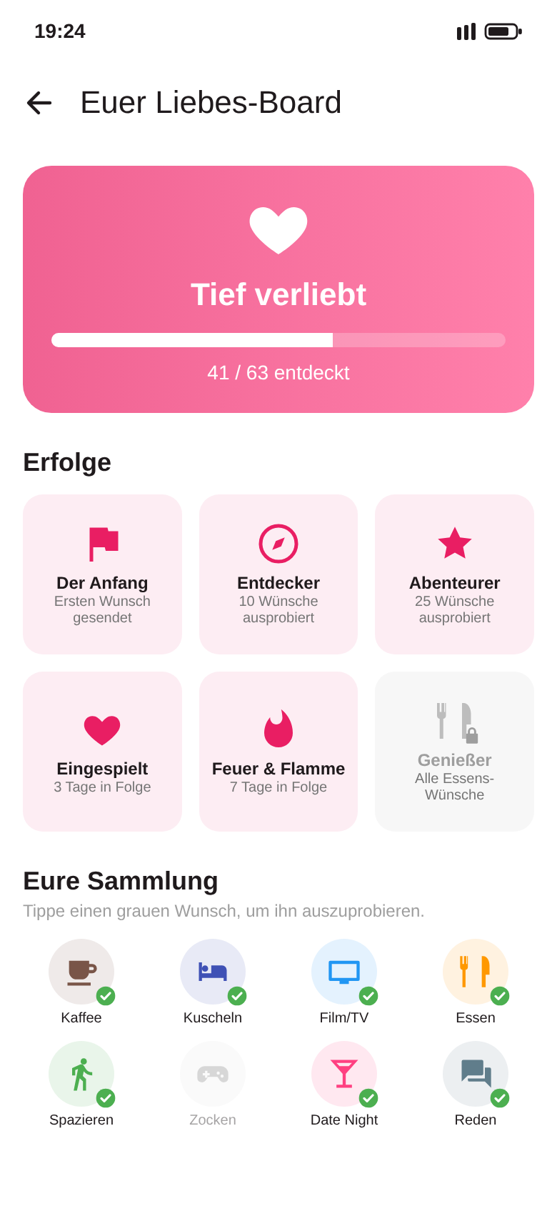 Liebes-Board mit Love-Level „Tief verliebt“, Erfolgen und der gemeinsamen Wunsch-Sammlung