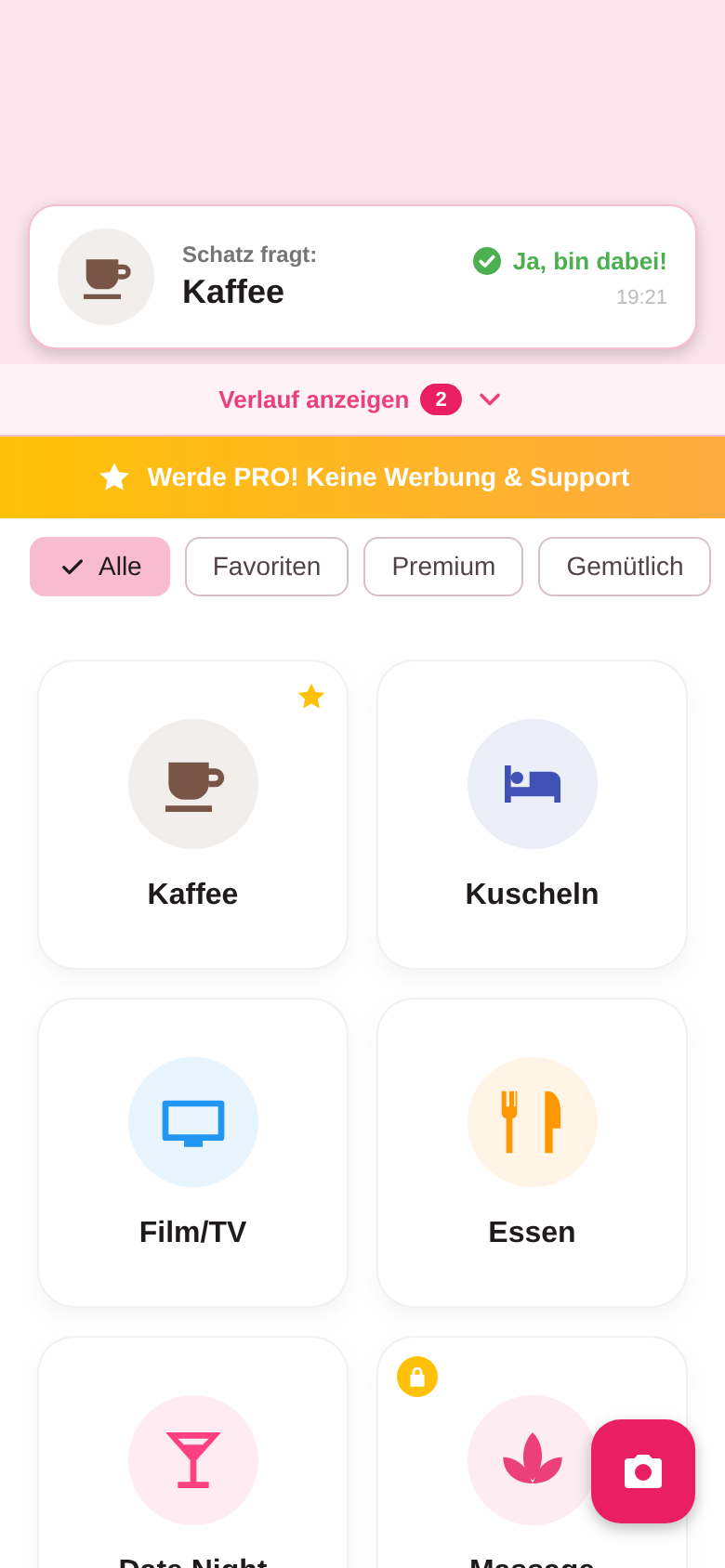 Startseite mit Kategorie-Chips und Wunsch-Kacheln für Kaffee, Kuscheln, Film/TV und Essen